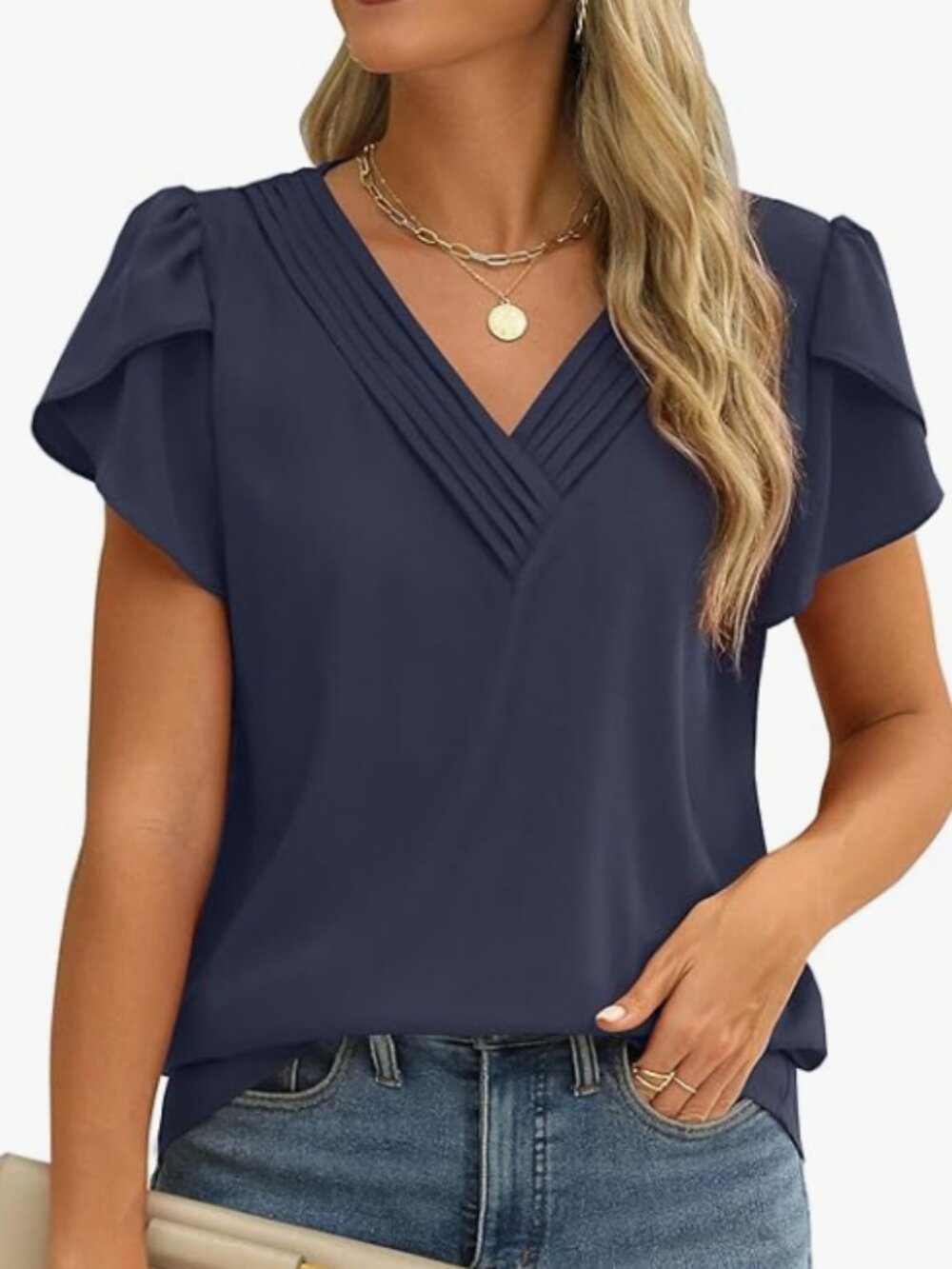 Fayenne Womens Tops Dressy Casual V Neck Ruffle Short Sleeve Dark Blue Blouse XL